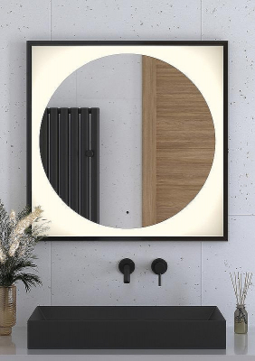 Зеркало Defesto Eclipce 80х80 DF 2233R с подсветкой 18W-3000К/в багетной раме/ИК - выключатель/Теплый белый свет/Черная рама