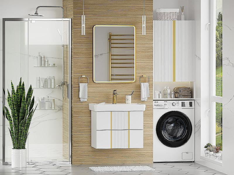 Подвесной шкаф Brevita Vega 60 VEG-08060-011 над стиральной машиной Белый матовый Золото, купить, цена, заказать, магазин, доставка, скидка, промокод, купить, цена, заказать, магазин, доставка, скидка, промокод
