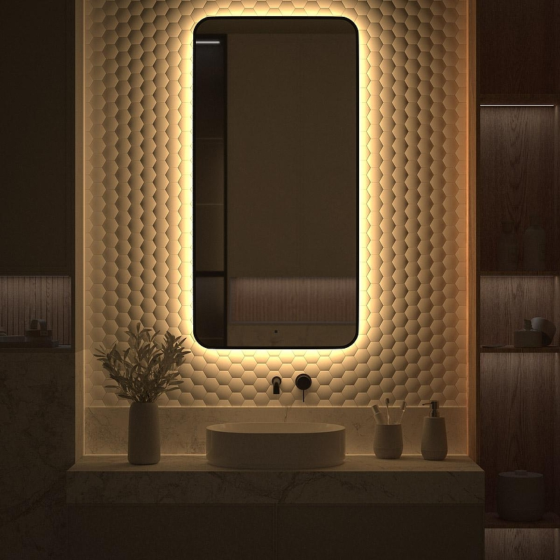 Зеркало Defesto Aura 60х120 DF 2978R с подсветкой 34W-3000K/ИК - выключатель/Теплый белый свет/Черная рама, купить, цена, заказать, магазин, доставка, скидка, промокод, купить, цена, заказать, магазин, доставка, скидка, промокод