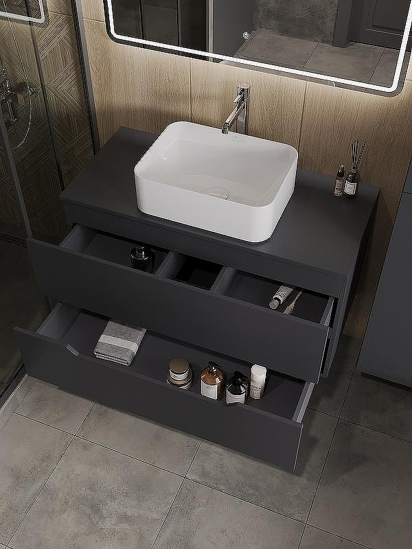 Тумба с раковиной Orange Line 100 Li-100TugMDF+B02-460W подвесная Графит матовый, купить, цена, заказать, магазин, доставка, скидка, промокод, купить, цена, заказать, магазин, доставка, скидка, промокод