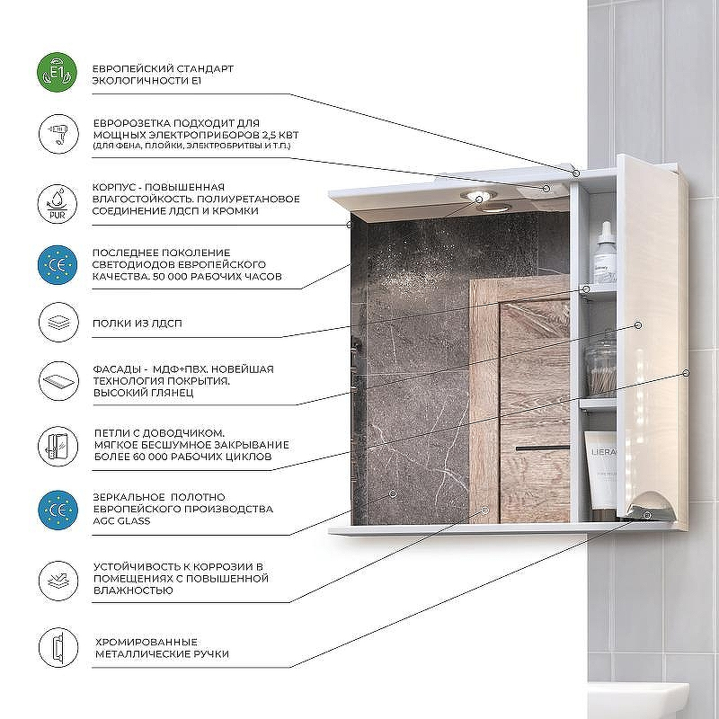 Зеркало со шкафом Vigo Callao 70 R z.CAL.70.R.El с подсветкой Белое, купить, цена, заказать, магазин, доставка, скидка, промокод, купить, цена, заказать, магазин, доставка, скидка, промокод