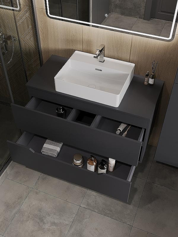 Тумба с раковиной Orange Line 100 Li-100TugMDF+B04-500W подвесная Графит матовый, купить, цена, заказать, магазин, доставка, скидка, промокод, купить, цена, заказать, магазин, доставка, скидка, промокод