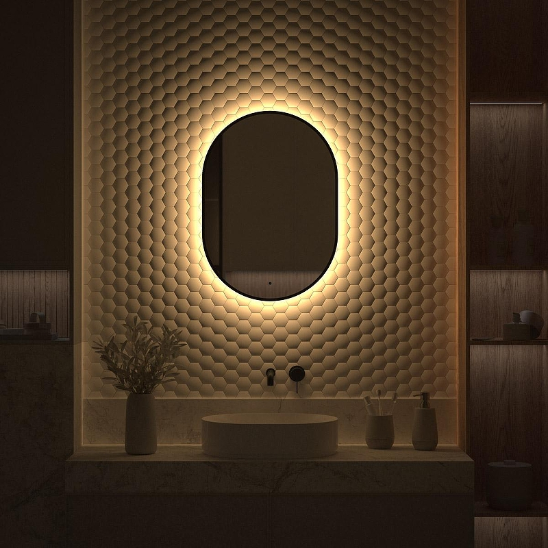 Зеркало Defesto Aura 50х70 DF 2933R с подсветкой 19W-3000K/ИК - выключатель/Теплый белый свет/Черная рама, купить, цена, заказать, магазин, доставка, скидка, промокод, купить, цена, заказать, магазин, доставка, скидка, промокод