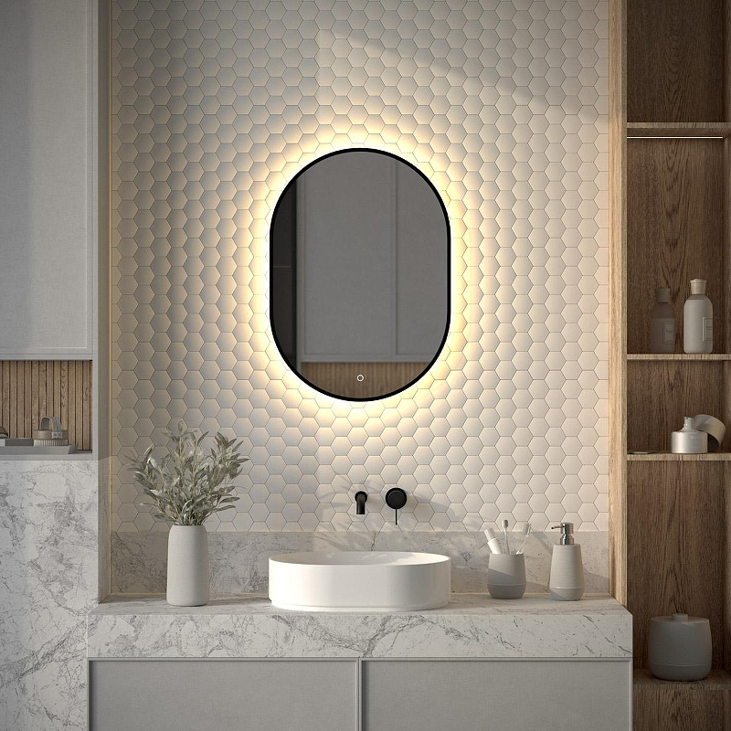 Зеркало Defesto Aura 50х70 DF 2933S с подсветкой 19W-3000K/Сенсорный выключатель/Теплый белый свет/Черная рама, купить, цена, заказать, магазин, доставка, скидка, промокод, купить, цена, заказать, магазин, доставка, скидка, промокод