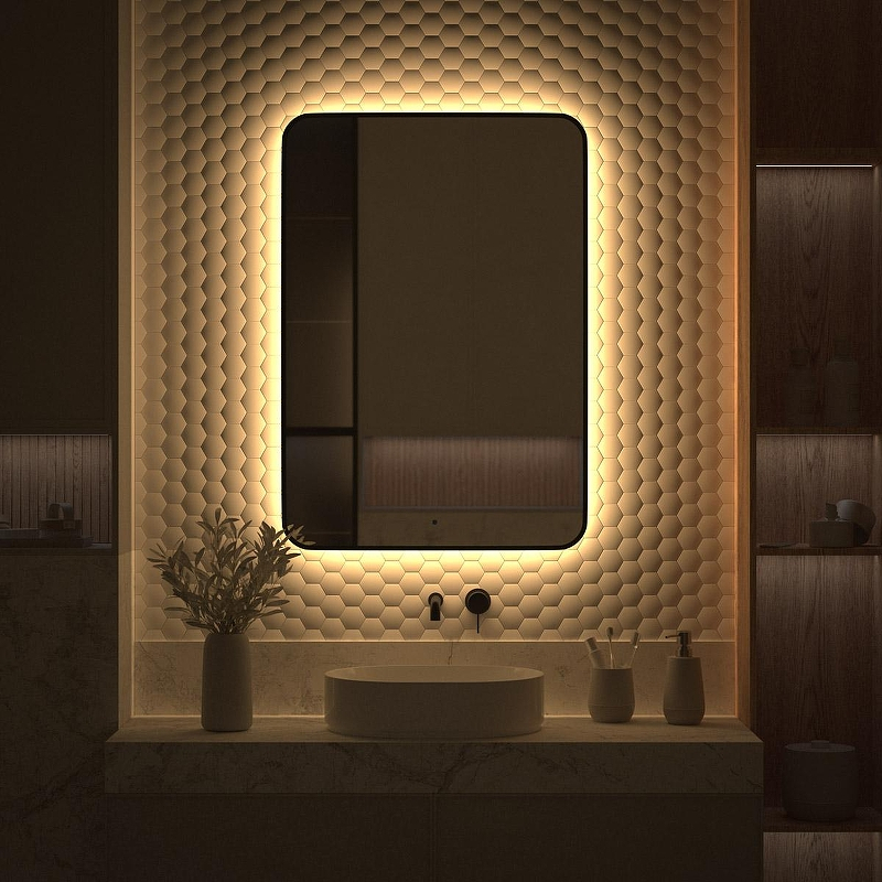 Зеркало Defesto Aura 70х100 DF 2979R с подсветкой 32W-3000K/ИК - выключатель/Теплый белый свет/Черная рама, купить, цена, заказать, магазин, доставка, скидка, промокод, купить, цена, заказать, магазин, доставка, скидка, промокод