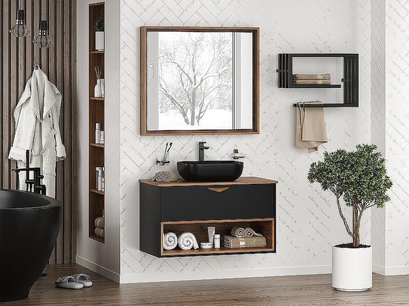 Тумба под раковину Brevita Bergen 90 BER-07090-19-02-1Я подвесная Черная матовая Дуб Галифакс олово, купить, цена, заказать, магазин, доставка, скидка, промокод, купить, цена, заказать, магазин, доставка, скидка, промокод