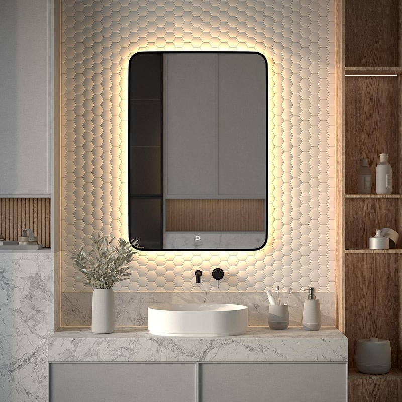 Зеркало Defesto Aura 70х100 DF 2979S с подсветкой 32W-3000K/Сенсорный выключатель/Теплый белый свет/Черная рама, купить, цена, заказать, магазин, доставка, скидка, промокод, купить, цена, заказать, магазин, доставка, скидка, промокод