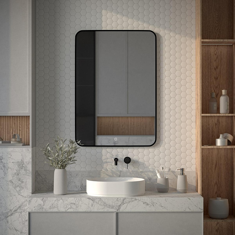 Зеркало Defesto Aura 70х100 DF 2979S с подсветкой 32W-3000K/Сенсорный выключатель/Теплый белый свет/Черная рама, купить, цена, заказать, магазин, доставка, скидка, промокод, купить, цена, заказать, магазин, доставка, скидка, промокод