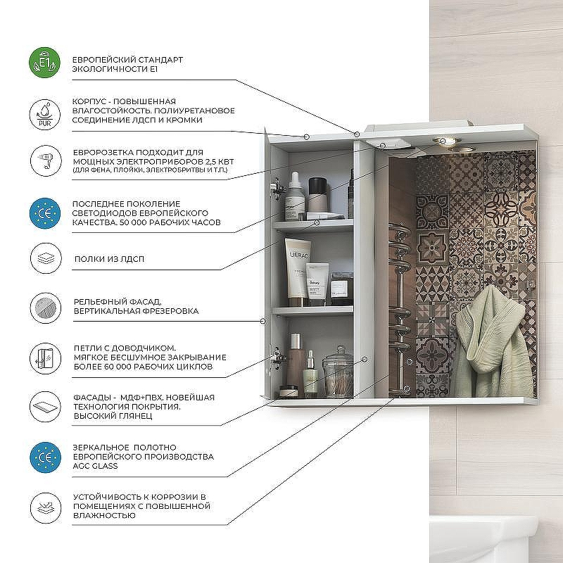 Зеркало со шкафом Vigo Diana 70 L z.DIA.70.L.El с подсветкой Белое, купить, цена, заказать, магазин, доставка, скидка, промокод, купить, цена, заказать, магазин, доставка, скидка, промокод