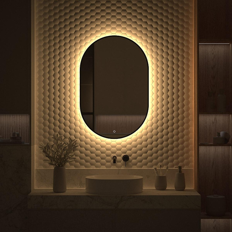 Зеркало Defesto Aura 60х90 DF 2935S с подсветкой 25W-3000K/Сенсорный выключатель/Теплый белый свет/Черная рама, купить, цена, заказать, магазин, доставка, скидка, промокод, купить, цена, заказать, магазин, доставка, скидка, промокод