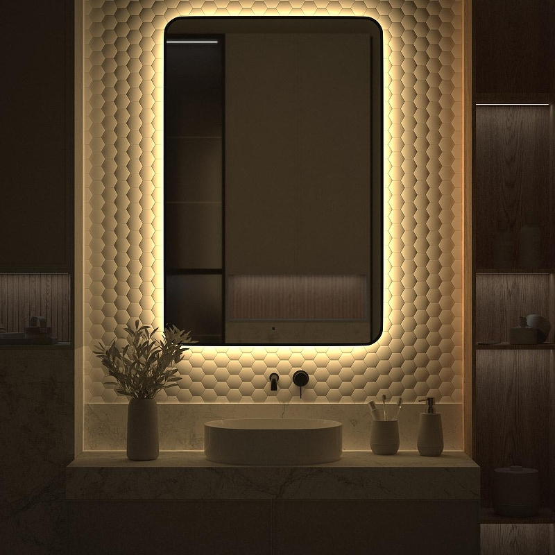 Зеркало Defesto Aura 80х120 DF 2980R с подсветкой 38W-3000K/ИК - выключатель/Теплый белый свет/Черная рама, купить, цена, заказать, магазин, доставка, скидка, промокод, купить, цена, заказать, магазин, доставка, скидка, промокод