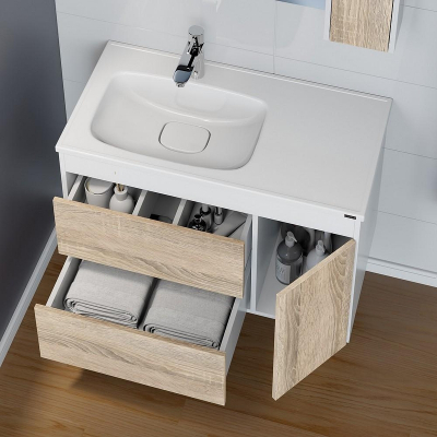 Тумба под раковину СанТа Меркурий 90 700456 подвесная Янтарное дерево Белая