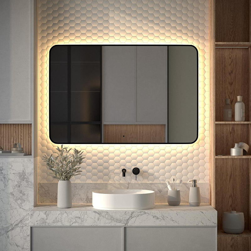 Зеркало Defesto Aura 120х80 DF 2980RH с подсветкой 38W-3000K/ИК - выключатель/Теплый белый свет/Черная рама, купить, цена, заказать, магазин, доставка, скидка, промокод, купить, цена, заказать, магазин, доставка, скидка, промокод