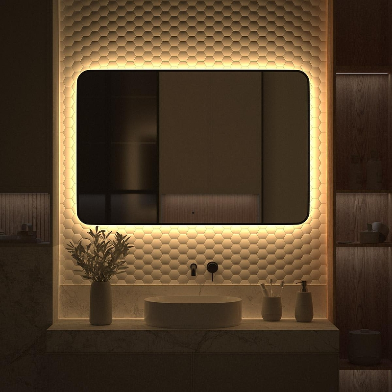 Зеркало Defesto Aura 120х80 DF 2980RH с подсветкой 38W-3000K/ИК - выключатель/Теплый белый свет/Черная рама, купить, цена, заказать, магазин, доставка, скидка, промокод, купить, цена, заказать, магазин, доставка, скидка, промокод