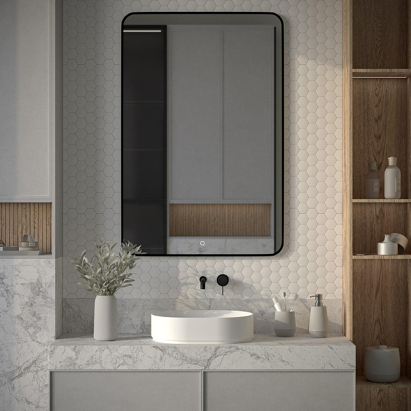 Зеркало Defesto Aura 80х120 DF 2980S с подсветкой 38W-3000K/Сенсорный выключатель/Теплый белый свет/Черная рама, купить, цена, заказать, магазин, доставка, скидка, промокод, купить, цена, заказать, магазин, доставка, скидка, промокод