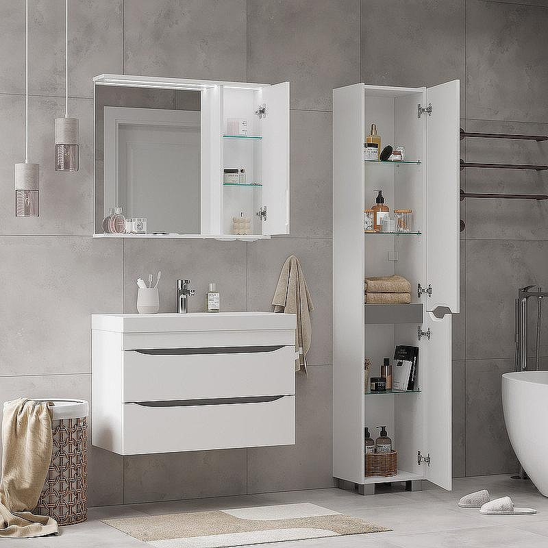 Зеркало со шкафом Volna Lake 80 R zsLAKE80.R-01 с подсветкой Белое, купить, цена, заказать, магазин, доставка, скидка, промокод, купить, цена, заказать, магазин, доставка, скидка, промокод