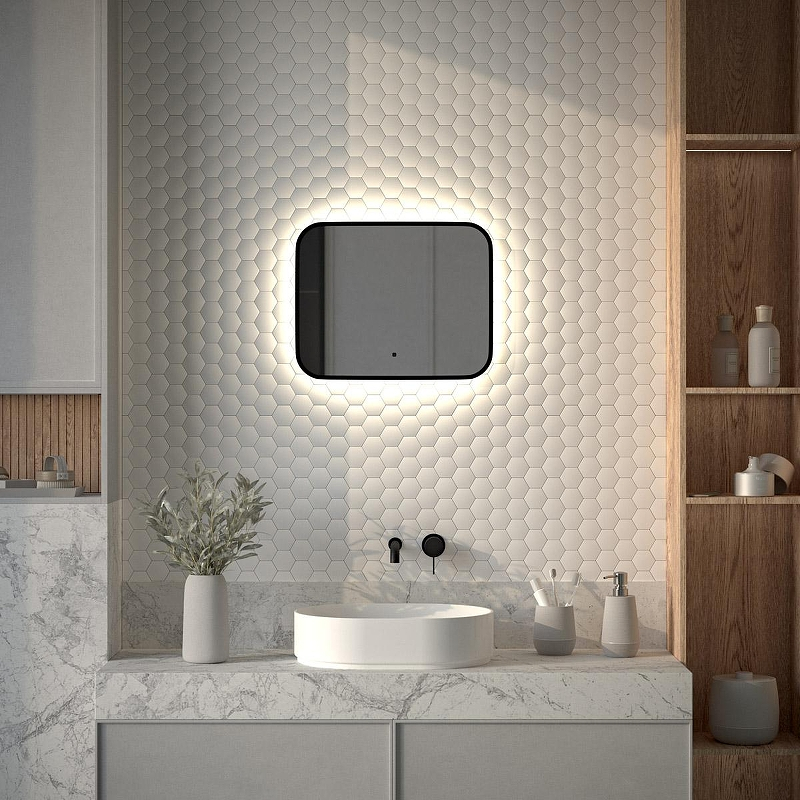 Зеркало Defesto Aura 50х40 DF 2961RH с подсветкой 15W-4500K/ИК - выключатель/Нейтральный белый свет/Черная рама, купить, цена, заказать, магазин, доставка, скидка, промокод, купить, цена, заказать, магазин, доставка, скидка, промокод