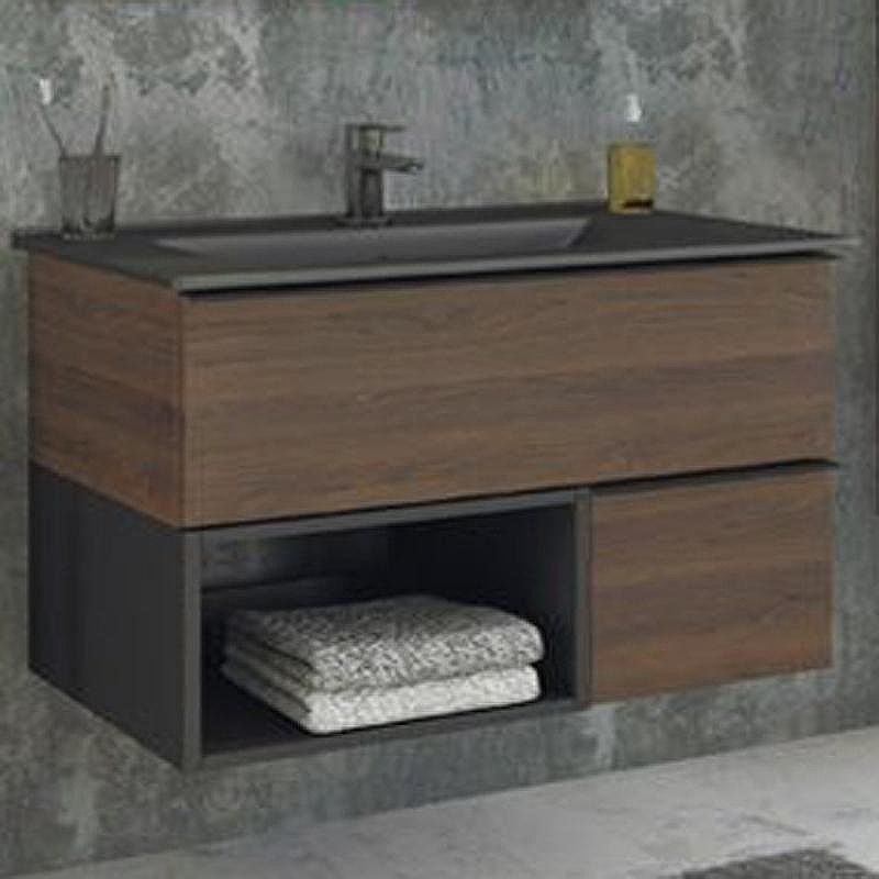 Тумба с раковиной Comforty Франкфурт 90 00-00002048 подвесная Дуб шоколадно-коричневый Черная матовая, купить, цена, заказать, магазин, доставка, скидка, промокод, купить, цена, заказать, магазин, доставка, скидка, промокод