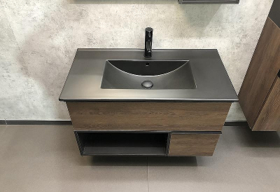 Тумба с раковиной Comforty Франкфурт 90 00-00002048 подвесная Дуб шоколадно-коричневый Черная матовая