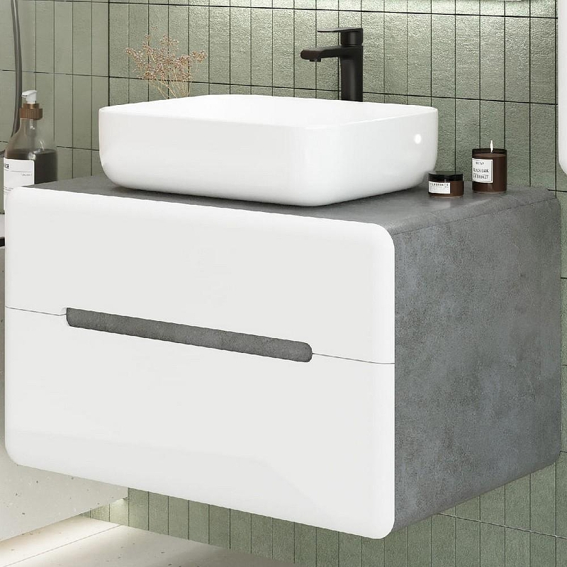 Тумба под раковину Art&Max Genova 80 AM-Genova-800-2C-SO-LN подвесная Белая глянцевая Бетон лофт натуральный, купить, цена, заказать, магазин, доставка, скидка, промокод, купить, цена, заказать, магазин, доставка, скидка, промокод