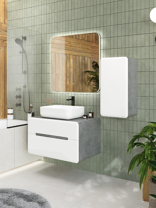 Тумба под раковину Art&Max Genova 80 AM-Genova-800-2C-SO-LN подвесная Белая глянцевая Бетон лофт натуральный, купить, цена, заказать, магазин, доставка, скидка, промокод, купить, цена, заказать, магазин, доставка, скидка, промокод