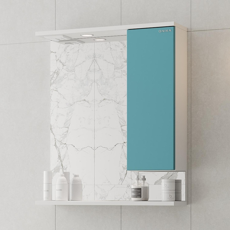 Зеркало со шкафом Onika Марви 60 R 206089 с подсветкой цвет Белый Бирюзовый, купить, цена, заказать, магазин, доставка, скидка, промокод, купить, цена, заказать, магазин, доставка, скидка, промокод