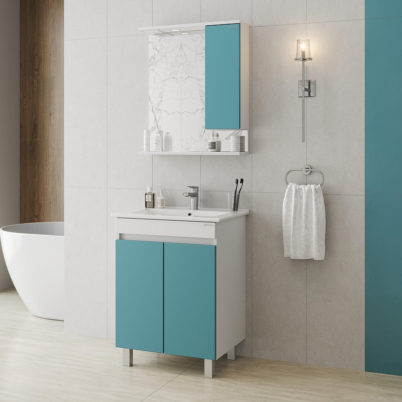 Зеркало со шкафом Onika Марви 60 R 206089 с подсветкой цвет Белый Бирюзовый, купить, цена, заказать, магазин, доставка, скидка, промокод, купить, цена, заказать, магазин, доставка, скидка, промокод