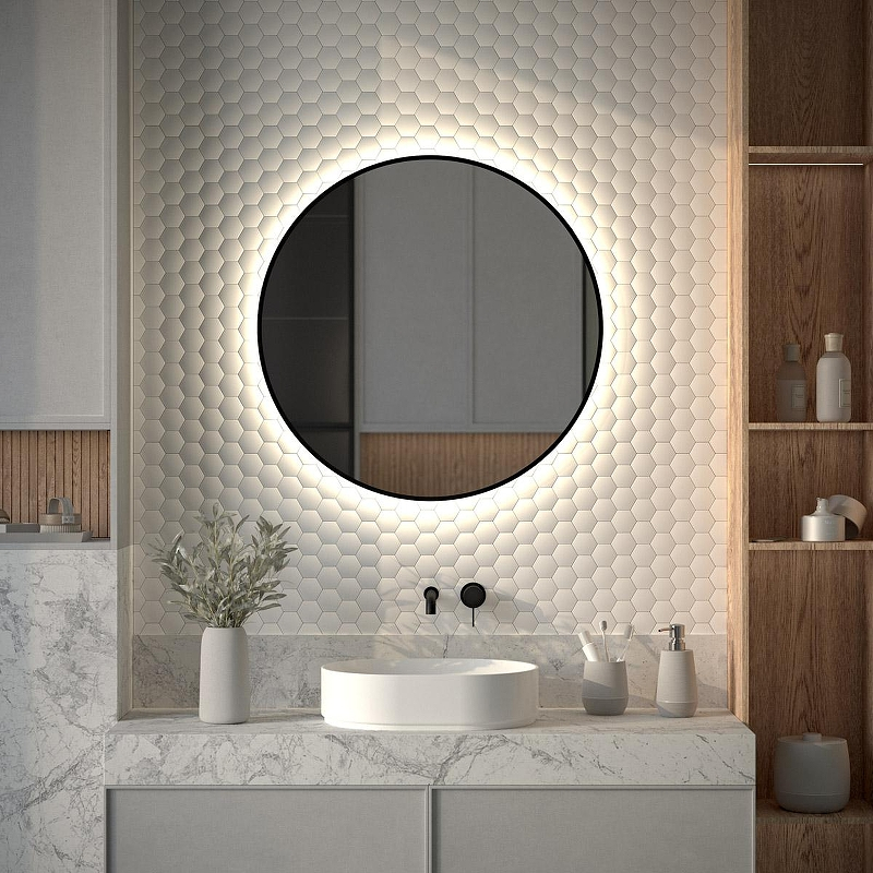 Зеркало Defesto Aura 80х80 DF 2985 с подсветкой 25W-4500K/Без выключателя/Нейтральный белый свет/Черная рама, купить, цена, заказать, магазин, доставка, скидка, промокод, купить, цена, заказать, магазин, доставка, скидка, промокод