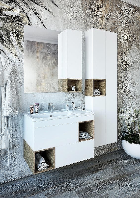 Тумба под раковину Sanflor Даллас 80 С04836 подвесная Белый матовый Дуб рустикальный, купить, цена, заказать, магазин, доставка, скидка, промокод, купить, цена, заказать, магазин, доставка, скидка, промокод