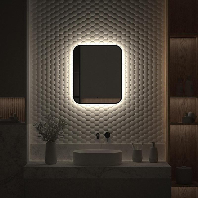 Зеркало Defesto Aura 50х60 DF 2963R с подсветкой 19W-4500K/ИК - выключатель/Нейтральный белый свет/Черная рама, купить, цена, заказать, магазин, доставка, скидка, промокод, купить, цена, заказать, магазин, доставка, скидка, промокод