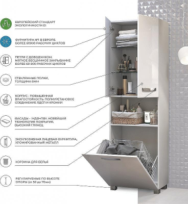 Шкаф пенал Vigo Plaza 60 pn.PLA.60 с бельевой корзиной Белый