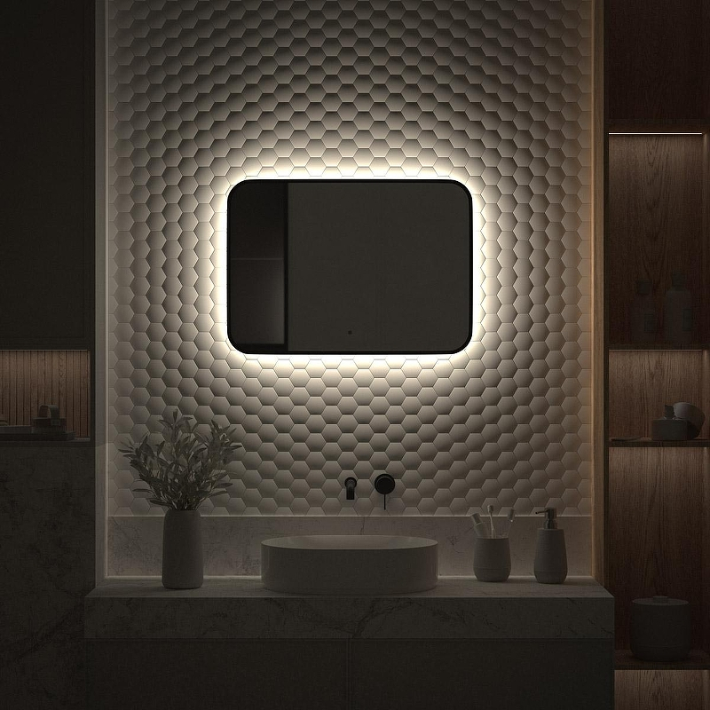 Зеркало Defesto Aura 70х50 DF 2964RH с подсветкой 21W-4500K/ИК - выключатель/Нейтральный белый свет/Черная рама, купить, цена, заказать, магазин, доставка, скидка, промокод, купить, цена, заказать, магазин, доставка, скидка, промокод