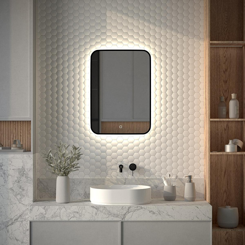 Зеркало Defesto Aura 50х70 DF 2964S с подсветкой 21W-4500K/Сенсорный выключатель/Нейтральный белый свет/Черная рама, купить, цена, заказать, магазин, доставка, скидка, промокод, купить, цена, заказать, магазин, доставка, скидка, промокод