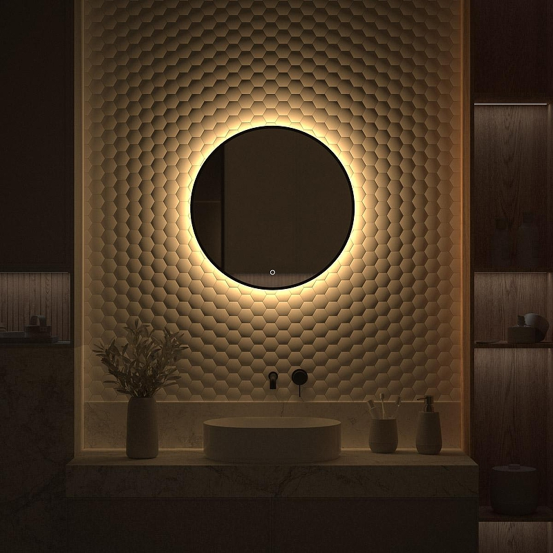 Зеркало Defesto Aura 60х60 DF 2993S с подсветкой 15W-3000K/Сенсорный выключатель/Теплый белый свет/Черная рама, купить, цена, заказать, магазин, доставка, скидка, промокод, купить, цена, заказать, магазин, доставка, скидка, промокод