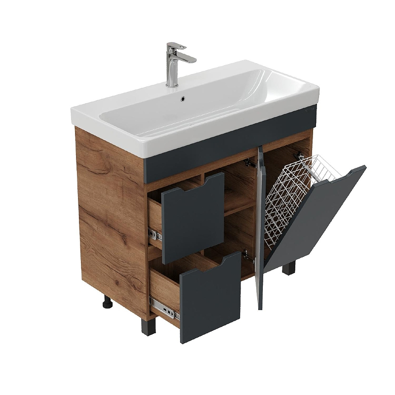 Тумба под раковину Onika Айленд 90 109032 с бельевой корзиной цвет Дуб крафт золотой Графит, купить, цена, заказать, магазин, доставка, скидка, промокод, купить, цена, заказать, магазин, доставка, скидка, промокод