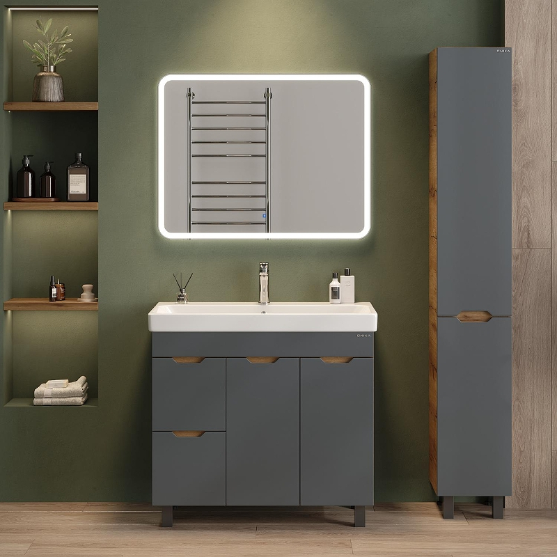 Тумба под раковину Onika Айленд 90 109032 с бельевой корзиной цвет Дуб крафт золотой Графит, купить, цена, заказать, магазин, доставка, скидка, промокод, купить, цена, заказать, магазин, доставка, скидка, промокод