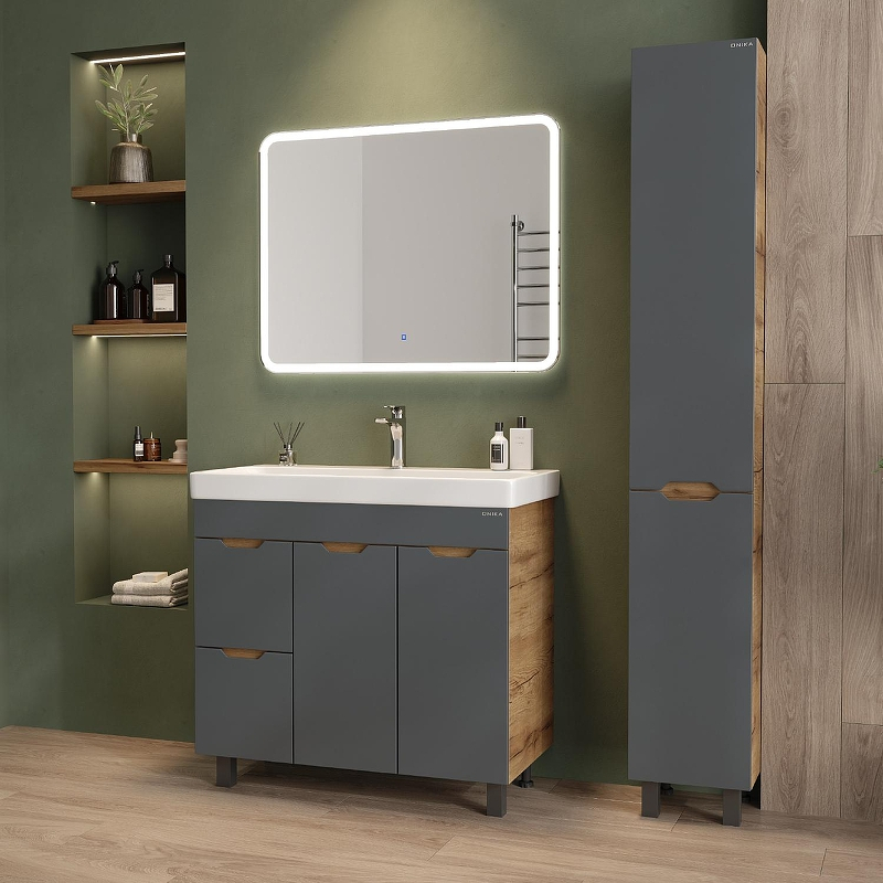 Тумба под раковину Onika Айленд 90 109032 с бельевой корзиной цвет Дуб крафт золотой Графит, купить, цена, заказать, магазин, доставка, скидка, промокод, купить, цена, заказать, магазин, доставка, скидка, промокод