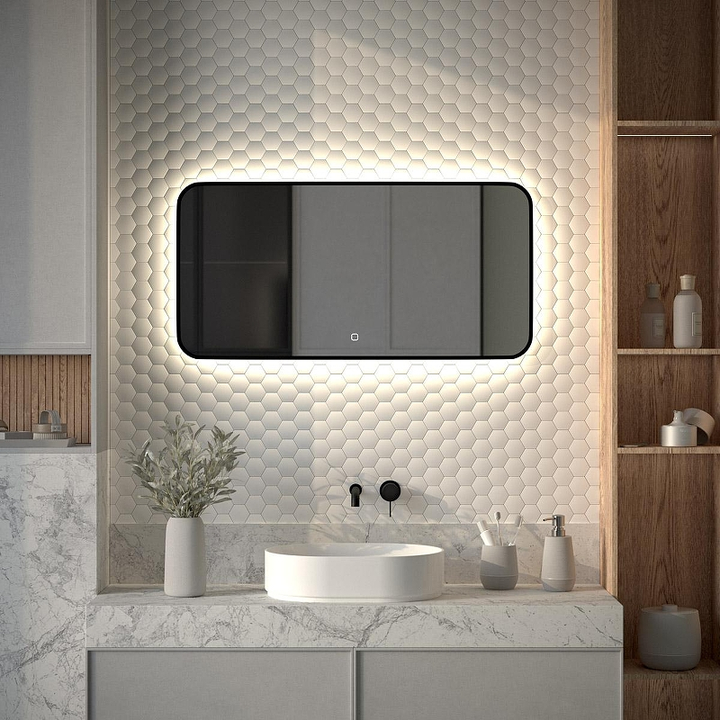 Зеркало Defesto Aura 100х50 DF 2965SH с подсветкой 28W-4500K/Сенсорный выключатель/Нейтральный белый свет/Черная рама, купить, цена, заказать, магазин, доставка, скидка, промокод, купить, цена, заказать, магазин, доставка, скидка, промокод