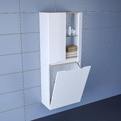 Шкаф пенал СанТа Лондон 60 подвесной с бельевой корзиной Белый