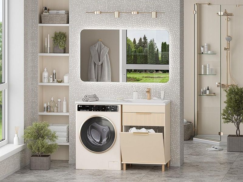 Тумба с раковиной Brevita Enfida 120 R УТ000024651 с бельевой корзиной Бежевая матовая, купить, цена, заказать, магазин, доставка, скидка, промокод, купить, цена, заказать, магазин, доставка, скидка, промокод