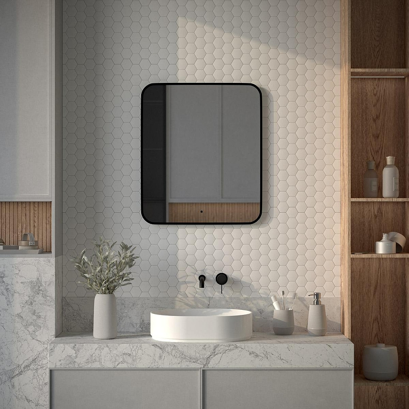 Зеркало Defesto Aura 60х70 DF 2966R с подсветкой 23W-4500K/ИК - выключатель/Нейтральный белый свет/Черная рама, купить, цена, заказать, магазин, доставка, скидка, промокод, купить, цена, заказать, магазин, доставка, скидка, промокод