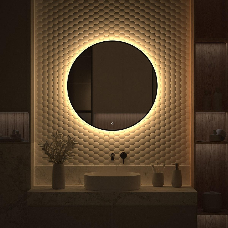 Зеркало Defesto Aura 80х80 DF 2995S с подсветкой 25W-3000K/Сенсорный выключатель/Теплый белый свет/Черная рама, купить, цена, заказать, магазин, доставка, скидка, промокод, купить, цена, заказать, магазин, доставка, скидка, промокод