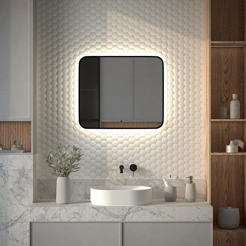 Зеркало Defesto Aura 70х60 DF 2966RH с подсветкой 23W-4500K/ИК - выключатель/Нейтральный белый свет/Черная рама, купить, цена, заказать, магазин, доставка, скидка, промокод, купить, цена, заказать, магазин, доставка, скидка, промокод