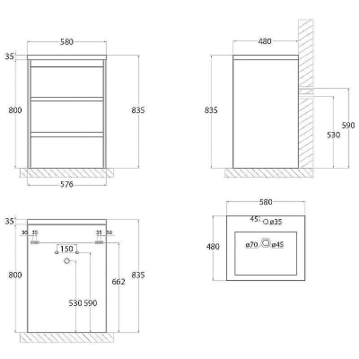 Тумба под раковину Art&Max FAMILY-580-3C-PIA-BL Белый глянец