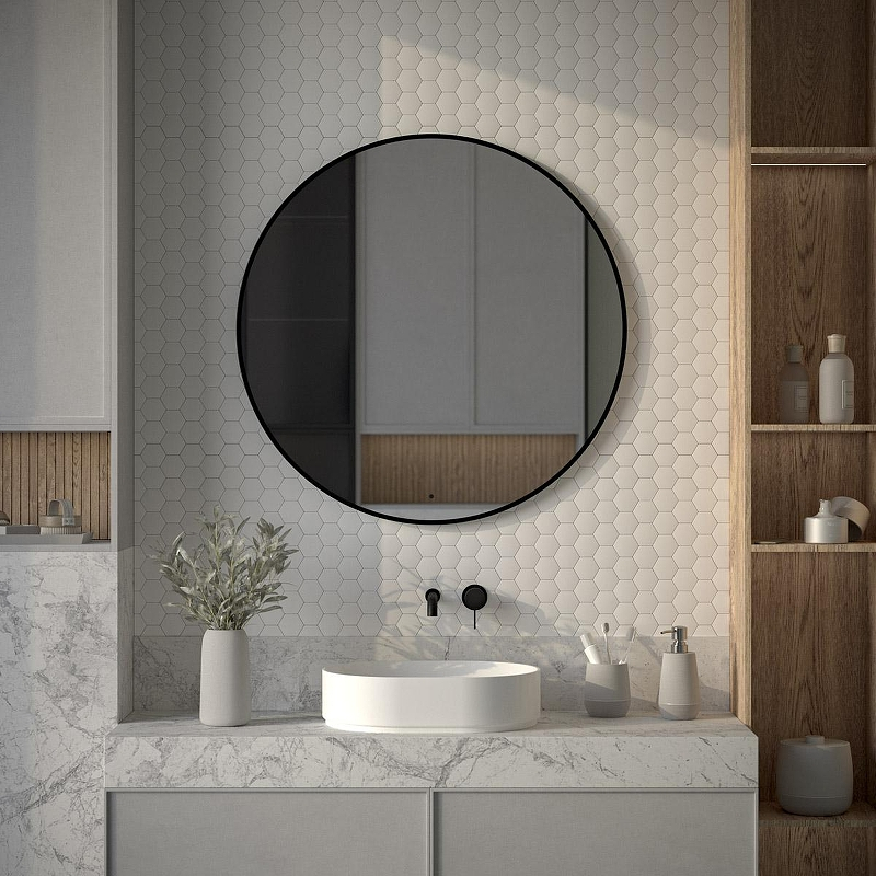 Зеркало Defesto Aura 90х90 DF 2996R с подсветкой 28W-3000K/ИК - выключатель/Теплый белый свет/Черная рама, купить, цена, заказать, магазин, доставка, скидка, промокод, купить, цена, заказать, магазин, доставка, скидка, промокод