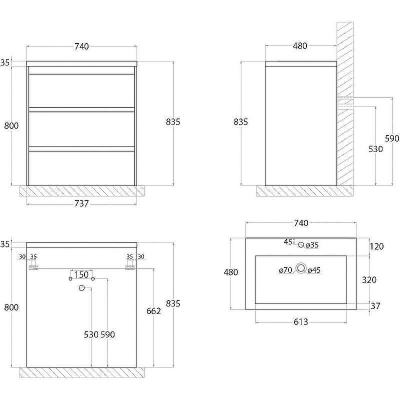 Тумба под раковину Art&Max FAMILY-750-3C-PIA-BL Белый глянец