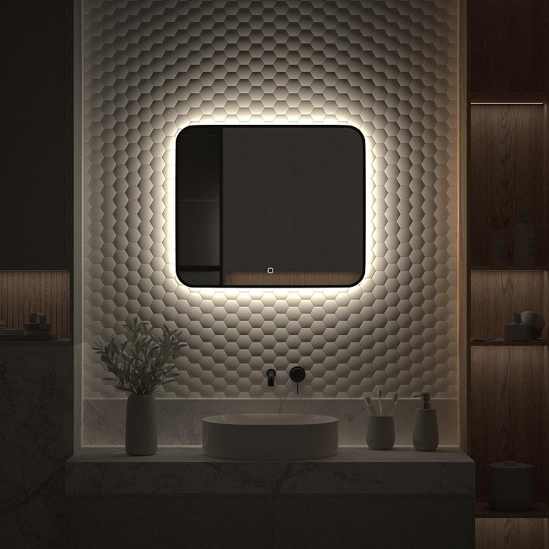 Зеркало Defesto Aura 70х60 DF 2966SH с подсветкой 23W-4500K/Сенсорный выключатель/Нейтральный белый свет/Черная рама, купить, цена, заказать, магазин, доставка, скидка, промокод, купить, цена, заказать, магазин, доставка, скидка, промокод