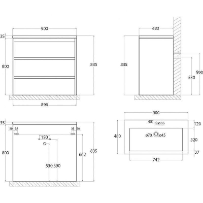 Тумба под раковину Art&Max FAMILY-900-3C-PIA-BL Белый глянец