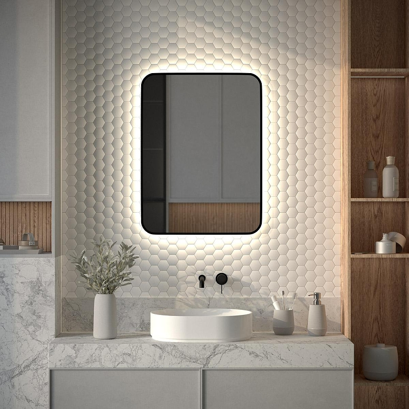 Зеркало Defesto Aura 60х80 DF 2967 с подсветкой 25W-4500K/Без выключателя/Нейтральный белый свет/Черная рама, купить, цена, заказать, магазин, доставка, скидка, промокод, купить, цена, заказать, магазин, доставка, скидка, промокод