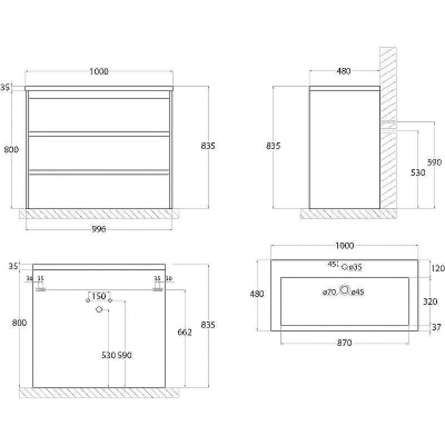 Тумба под раковину Art&Max FAMILY-1000-3C-PIA-BL Белый глянец